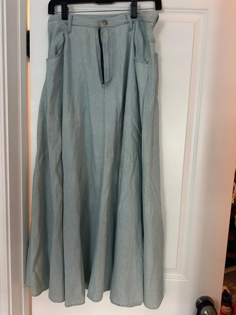 Light Blue Denim Maxi A-Line Women's Skirt with Front Zip - Picture 1 of 9